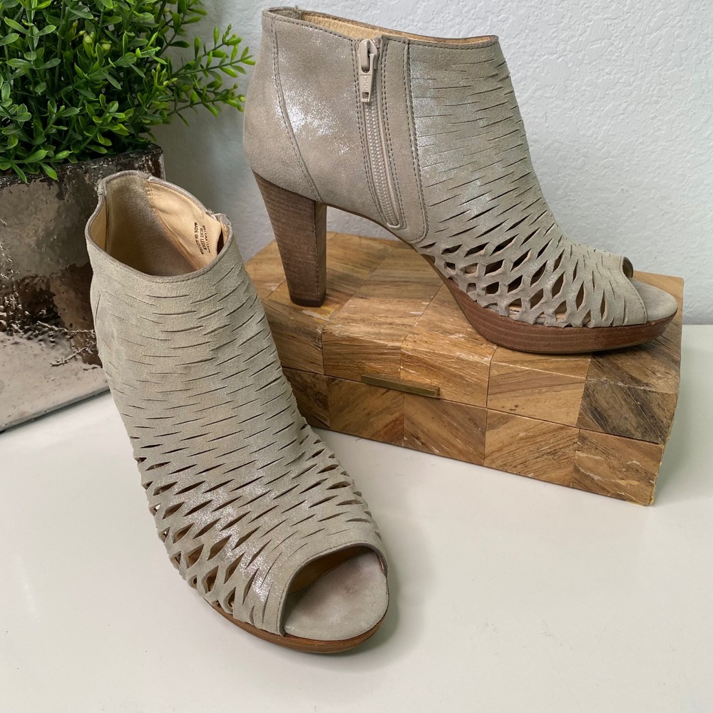 Paul Green Tacey Peep Toe Ankle Boots Cutout Leather Metallic Greige 6UK/8.5 US
